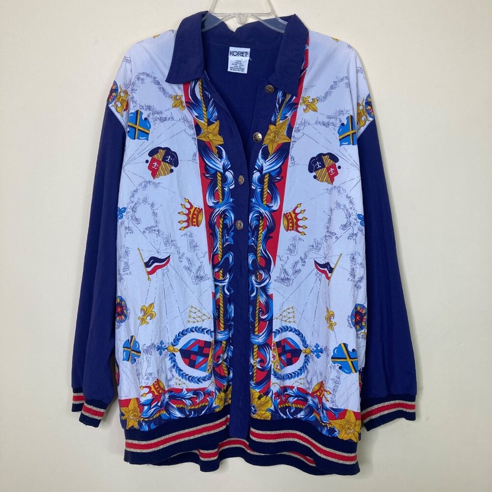 Vintage Koret Womens 2X Nylon Jacket Royal Blue Nautical Print Lightweight Coat